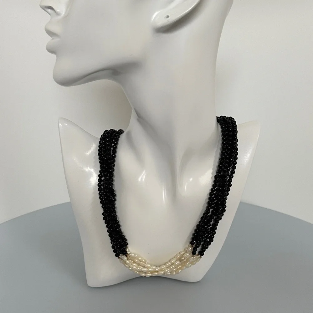 14k GF Black Onix and Cream Fresh water Pearls Beaded Necklace​